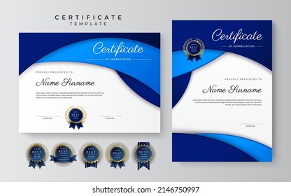 Diseño del certificado de ondas de oro y azul abstracto