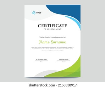 Abstract Colored Blue, Green and Grey Waves Vertical Certificate Design