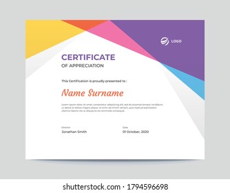 Abstract Colored Blue, Pink, Purple And Yellow Shapes Certificate Design