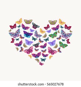 Abstract colored butterflies, heart, design for valentine card, summer pattern, patches for textile texture, vector, different butterflies