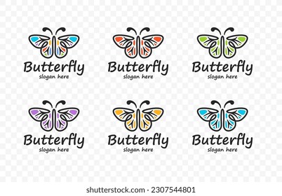 Abstract colored butterfly in stained glass window style vector design. Set of simple multicolored linear butterflies logo design