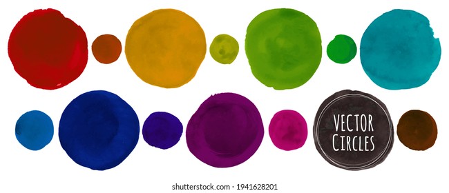 Círculo De Colores Resumen. Elementos Grunge Spots. Conjunto de formas aisladas. Círculo de color vectorial. Textura de puntos de arte. La acuarela tira sobre el papel. Tinta Splash Splatter. Círculo de color acrílico.