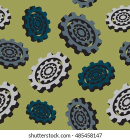abstract colored cogwheels seamless pattern on a gold background