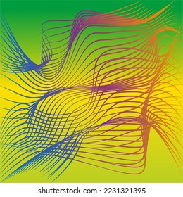 Abstract colored curved pattern with 3D effect drawing in retro style with gradient green background