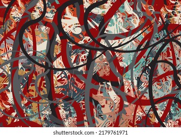 Abstract colored dark background with wavy lines and floral ellements. Color splashes and wavy weaves of lines for backgrounds and textures, covers, fabrics, textiles, fashion, etc. Vintage style