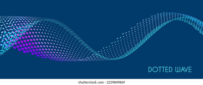 Abstract colored dotted wave with halftone effect on dark blue background. Tech vector graphics