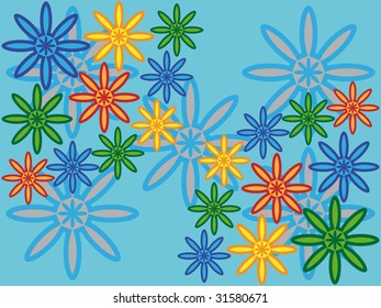 Abstract colored flowers on blue background - vector illustration.