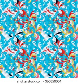 Abstract colored flowers on blue background seamless pattern