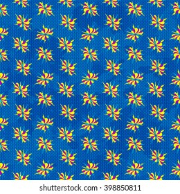 Abstract colored flowers on blue background seamless pattern