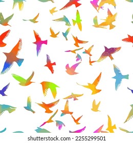 Abstract colored flying birds. Mixed media. Seamless pattern of bird flocks . Vector illustration