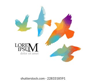 Abstrakte, farbige fliegende Vögel. Gemischte Medien. Vektorgrafik