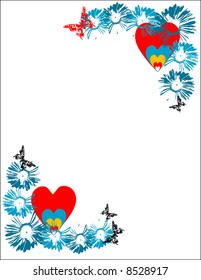 Abstract colored frame with blue flowers, hearts and butterflies