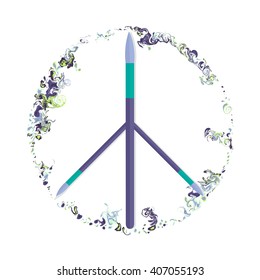 Abstract colored frame with love and peace symbol. 3 brushes, mixed colors, paint flows.
