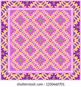Abstract Colored Geometric Pattern. Ornament With Decorative Frame, Border. Vector Illustration. Line Art, Lace, Background