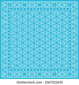 Abstract colored graphic pattern. Geometric ornament with frame, border. Line art, lace, embroidery background. Bandanna, shawl, scarf, tablecloth design for textile fabric print