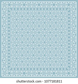 Abstract colored graphic pattern. Geometric ornament with frame, border. Line art, lace, embroidery background. Bandanna, shawl, scarf, tablecloth design for textile fabric print