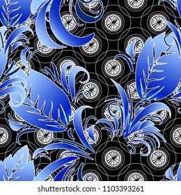 Abstract colored graphic pattern. Geometric ornament with flowers, . Line art, with blue lace botanica, embroidery background. Bandanna, shawl, scarf, tablecloth design for textile fabric print

