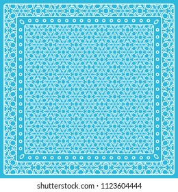 Abstract colored graphic pattern. Geometric ornament with frame, border. Line art, lace, embroidery background. Bandanna, shawl, scarf, tablecloth design for textile fabric print