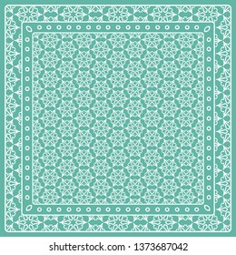 Abstract colored graphic pattern. Geometric ornament with frame, border. Line art, lace, embroidery background. Bandanna, shawl, scarf, tablecloth design for textile fabric print