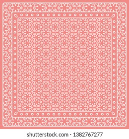 Abstract colored graphic pattern. Geometric ornament with frame, border. Line art, lace, embroidery background. Bandanna, shawl, scarf, tablecloth design for textile fabric print