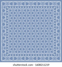 Abstract colored graphic pattern. Geometric ornament with frame, border. Line art, lace, embroidery background. Bandanna, shawl, scarf, tablecloth design for textile fabric print