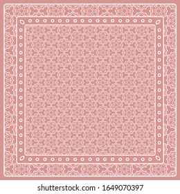 Abstract colored graphic pattern. Geometric ornament with frame, border. Line art, lace, embroidery background. Bandanna, shawl, scarf, tablecloth design for textile fabric print