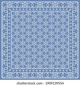 Abstract colored graphic pattern. Geometric ornament with frame, border. Line art, lace, embroidery background. Bandanna, shawl, scarf, tablecloth design for textile fabric print