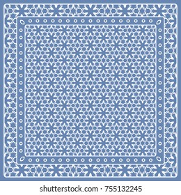 Abstract colored graphic pattern. Geometric ornament with frame, border. Line art, lace, embroidery background. Bandanna, shawl, scarf, tablecloth design for textile fabric print