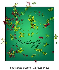 Abstract colored graphic visit card. Geometric ornament with flowers, butterfly botanica, embroidery background. Bandanna, shawl, scarf, tablecloth design for summer wedding invitation print
