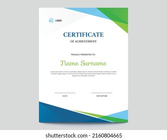 Abstract Colored Green And Blue Shapes Vertical Certificate Design 