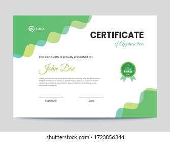 Abstract Colored Green and Blue Waves A4 Certificate Design