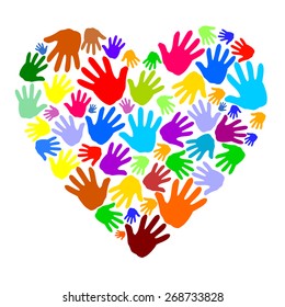 Abstract colored heart shape from human hand print icons. blue, red, green, yellow, orange and purple color hands silhouette forming a heart. vector art image illustration isolated on white background