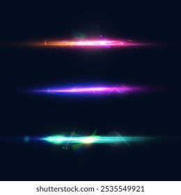 Abstract colored horizontal light with flickering glare and laser effect. For graphic design and game interfaces.