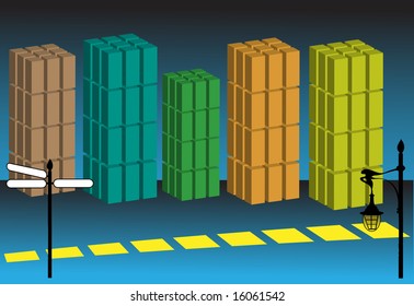 Abstract colored illustration with colored buildings, street lamp and indicator