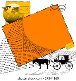 Abstract colored illustration with carriage dragged by a horse, envelopes, binary numbers and world map