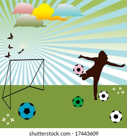 Abstract colored illustration with clouds, butterflies, dragonfly, small flowers and girl shape playing with colored balls on a football field