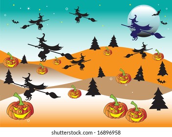 Abstract colored illustration with Halloween pumpkins, witch shapes flying on brooms, colored hills, firs and bats