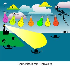 Abstract colored illustration with lighthouse, boat shapes navigating on the sea and exotic bird sitting on a wire with colored bulbs