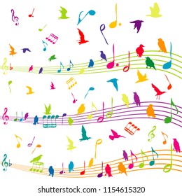 Abstract colored illustration with music note with silhouettes of birds flying