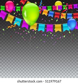 Abstract colored illustration on transparent background with balloons, garlands of colored flags, streamers and confetti. Holiday greeting card or template for Christmas, birthday or anniversary.