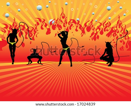 Abstract colored illustration with sexy devil girls standing in front of burning fire