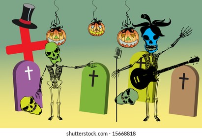 Abstract colored illustration with skeletons having a party in the graveyard, celebrating Halloween