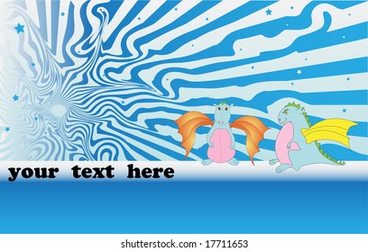 Abstract colored illustration with small stars, and two fat dragons