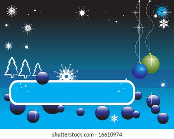 Abstract colored illustration with snowflakes, blue banner, bubbles, fir shapes and colored Christmas balls
