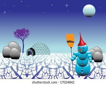 Abstract colored illustration with snowman, igloo, moon, tree and shiny rocks
