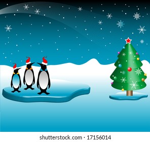 Abstract colored illustration with three penguins floating on a piece of ice near a Christmas tree