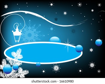 Abstract colored illustration with white lamp shape, fir branch, snowflakes, blue banner and blue bubbles