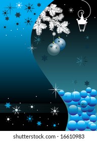 Abstract colored illustration with white lamp shape, fir branch, snowflakes and Christmas ball ornaments