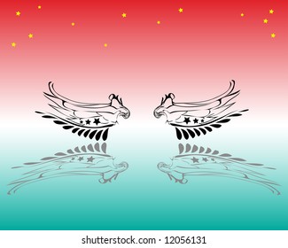 Abstract colored illustration with wings and yellow stars