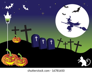 Abstract colored illustration with witch shape flying on a broom above a graveyard